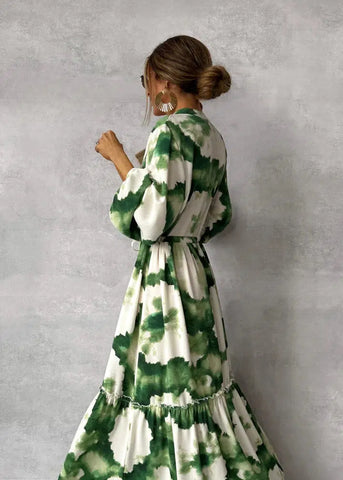 Annette - Long-sleeved maxi dress with summer print and V-neck