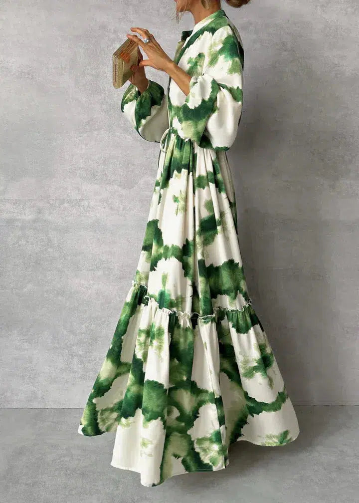 Annette - Long-sleeved maxi dress with summer print and V-neck