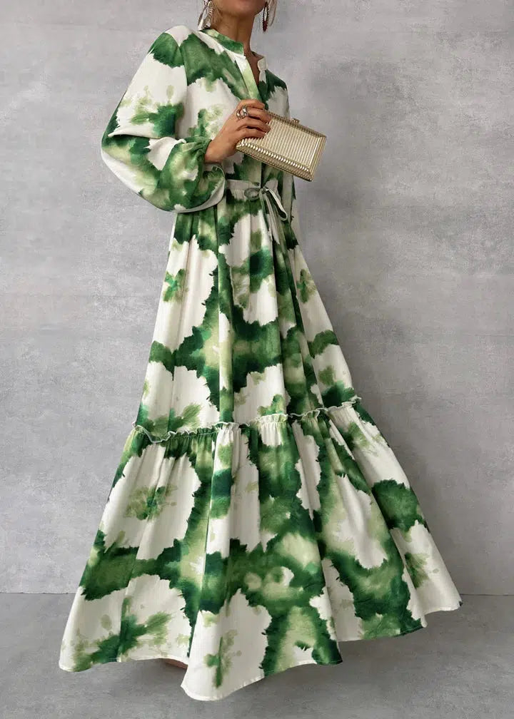 Annette - Long-sleeved maxi dress with summer print and V-neck