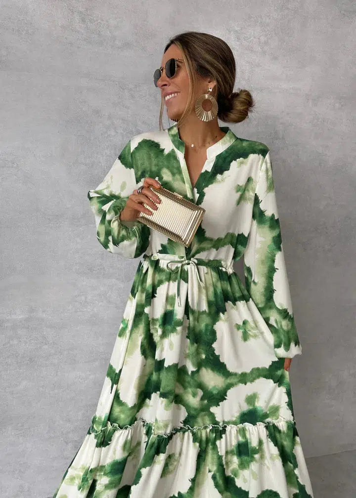 Annette - Long-sleeved maxi dress with summer print and V-neck