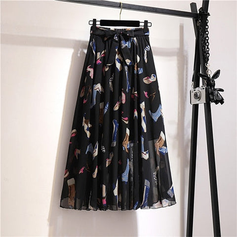 Alyshia - Modern retro skirt printed chiffon dress pleated skirt