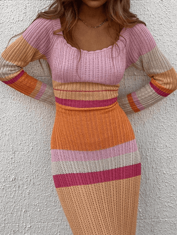 Zaneta - Knitted Maxi Dress with Color Block Stripes