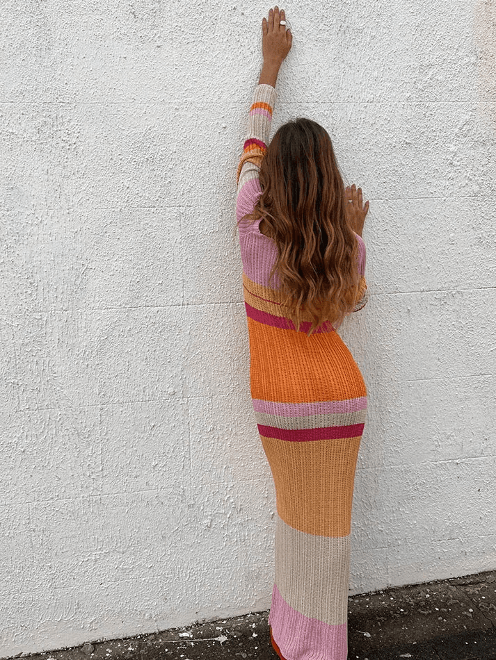 Zaneta - Knitted Maxi Dress with Color Block Stripes