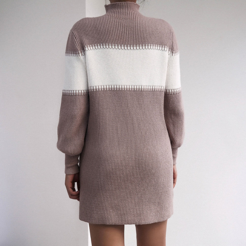 Anne - high-necked mini sweater dress with bishop sleeves and color block pattern in ribbed knit