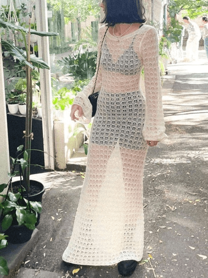 Hiba - Crochet Hollow Backless Long Sleeve Cover Up Maxi Dress