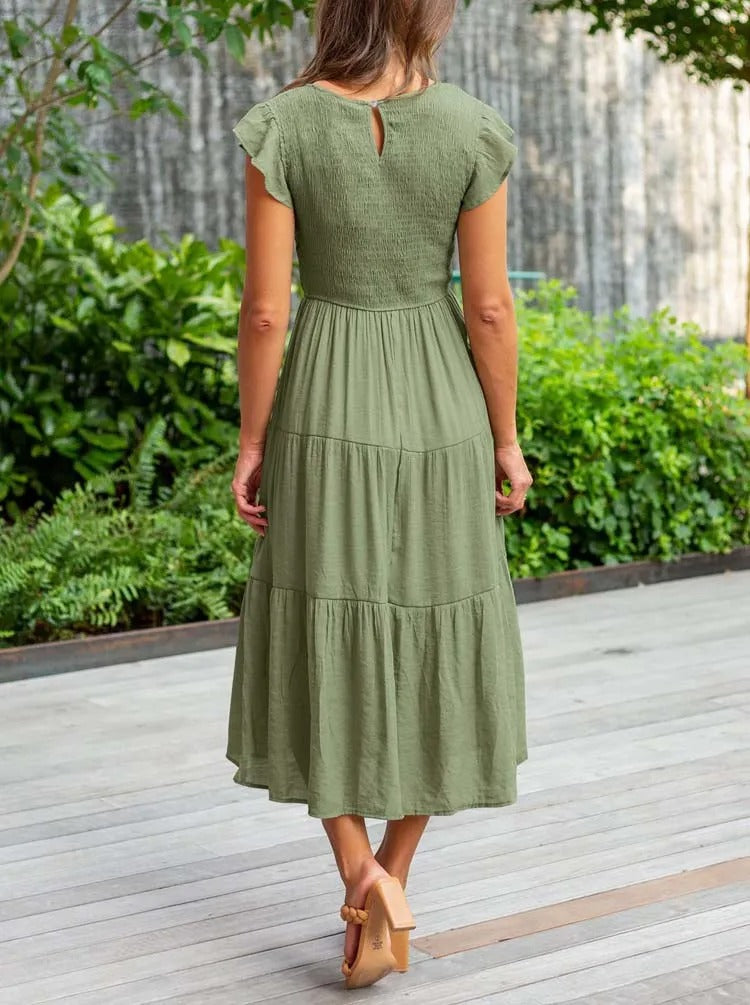 Imelda - Smocked midi dress with ruffles and short sleeves