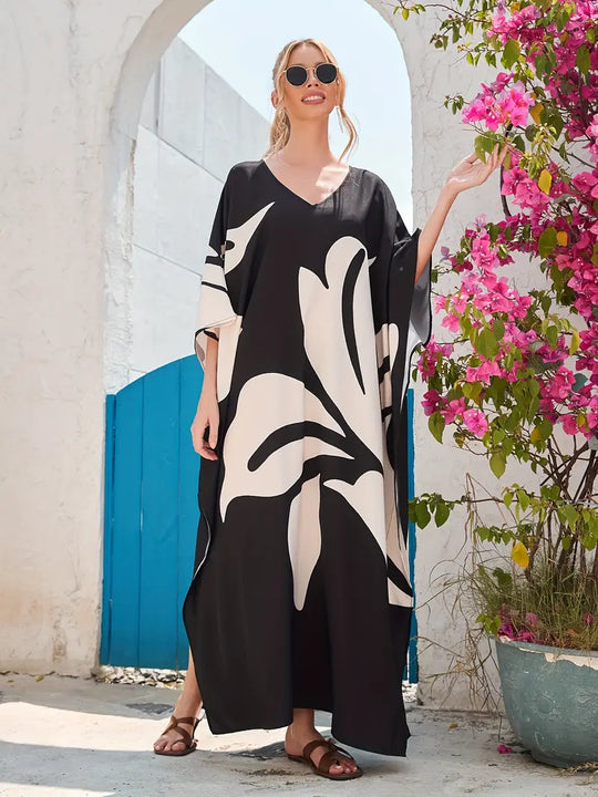 Brianna - Batwing Sleeve V-Neck Maxi Split Kaftan Beach Dress