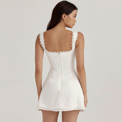 Ilene - Feminine embroidered sleeveless mini dress with pleated trim and V-neck