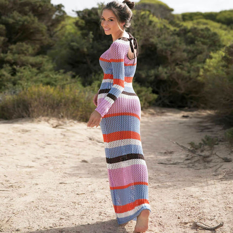 Zanita - striped, long-sleeved crochet knit maxi dress with round neck, cutouts and gathers at the back