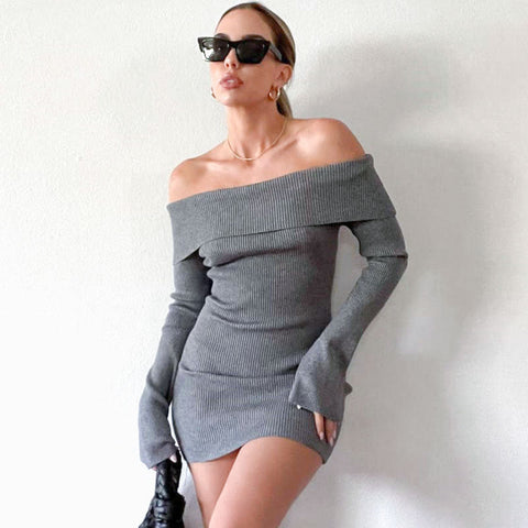 Briana – Off-the-shoulder, long-sleeved, figure-hugging ribbed knit mini dress with folded collar